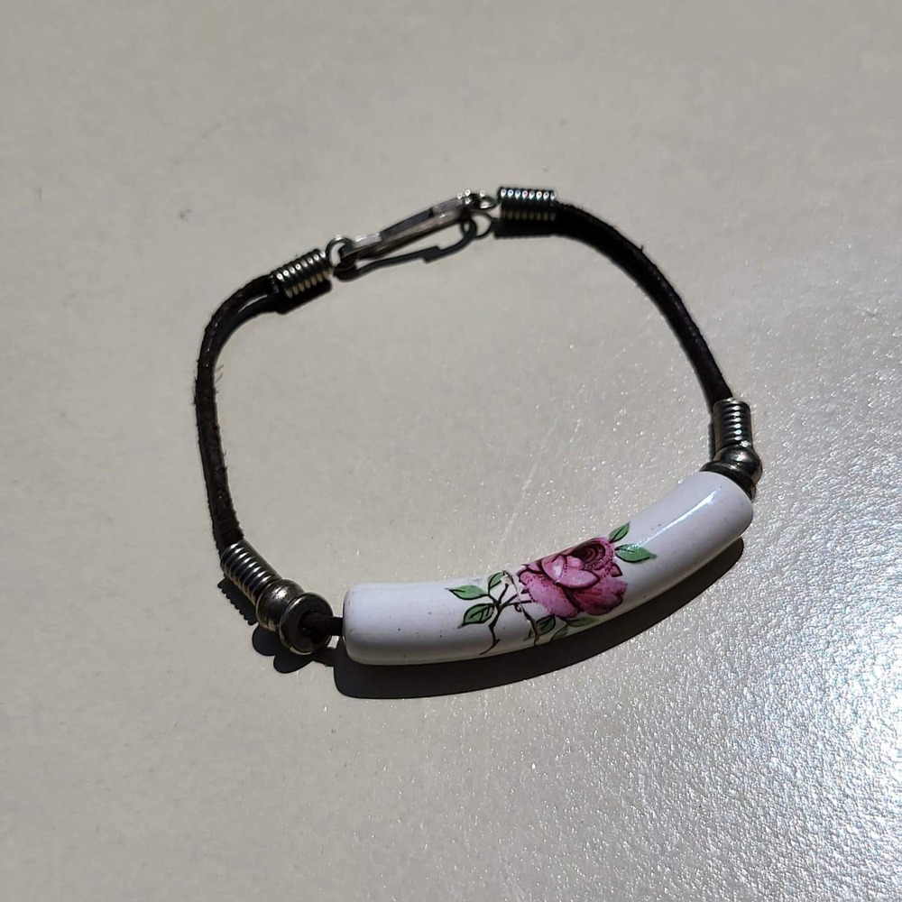 Vintage Leather Porcelain Rose Tube Bead Bracelet Brown Pink Floral Boho - Picture 5 of 6